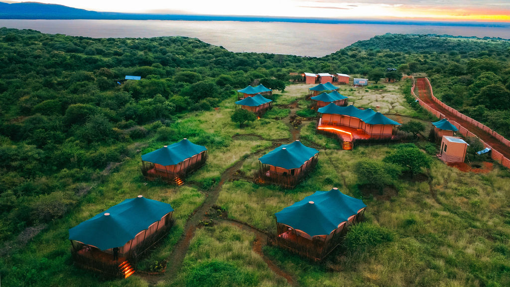 Aerial of the camp at dawn